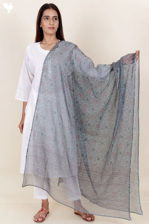 Kota Doria Dupatta In Floral Block Print